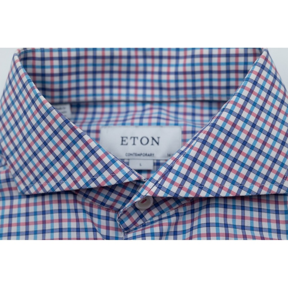 Eton Contemporary Fit Dress Shirt Mens 16.5 L Blue Pink Check Spread Collar L/S